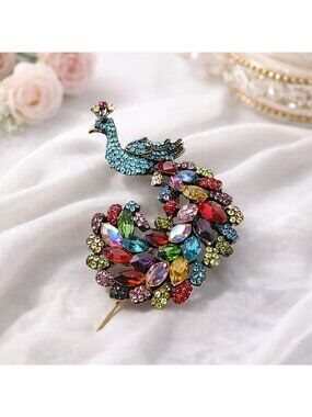 Vintage Peacock Brooch With Multicolor Rhinestones & Gold-Tone Metal 2.5 Inches
